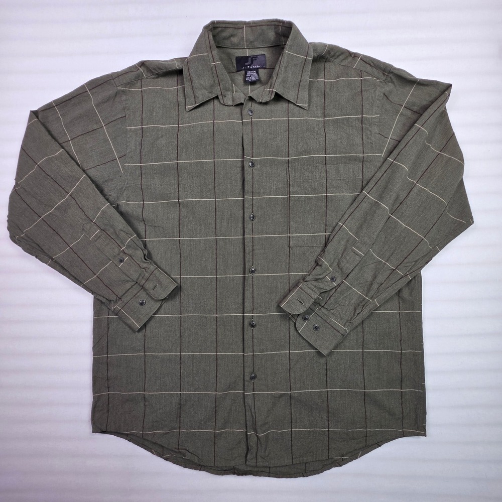 J. Ferrar Mens Medium Olive Green Windowpane Grid Button Down Cotton Shirt